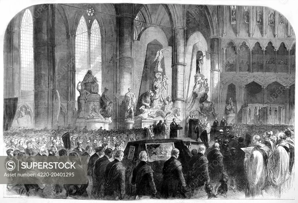 Engraving of the funeral of Henry John Temple, 3rd Viscount Palmerston (1784-1865), in the North Transept of Westminster Abbey, London, 1865.  Palmerston had wanted to be buried at Romsey Abbey, Hampshire, but the statesman's request was ignored and he was buried with full state honours.     Date: 1865