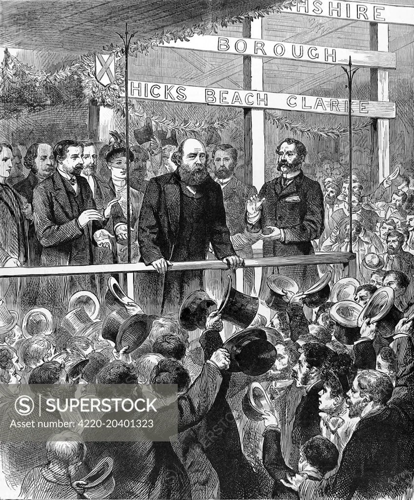 Engraving of Robert Arthur Talbot Gascoyne Cecil, 3rd Marquis of Salisbury, the English Conservative Statesman, addressing the Conservative Association at Newport, Monmouthshire.     On the death of Disraeli in 1881, Salisbury became leader of the Conservative party and was British Prime Minister several times in the 1880's and 90's.     Date: 1885