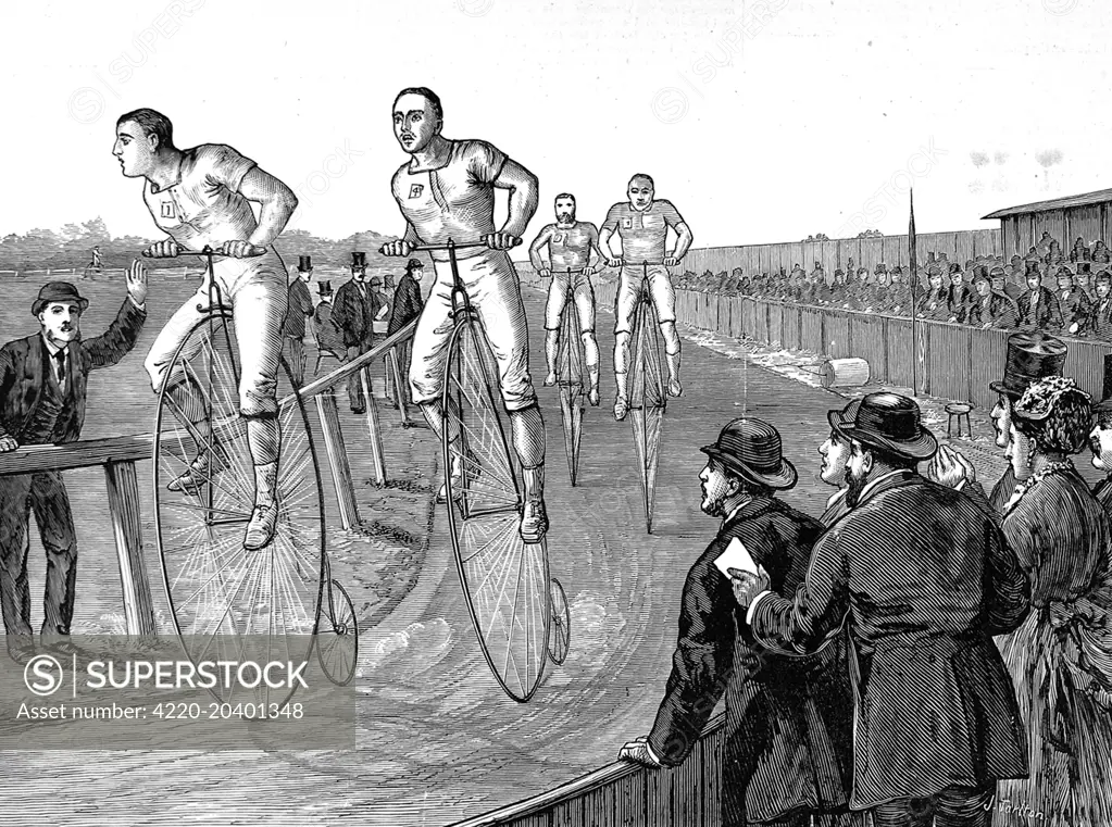 Engraving showing a penny farthing bicycle race held at Lillie