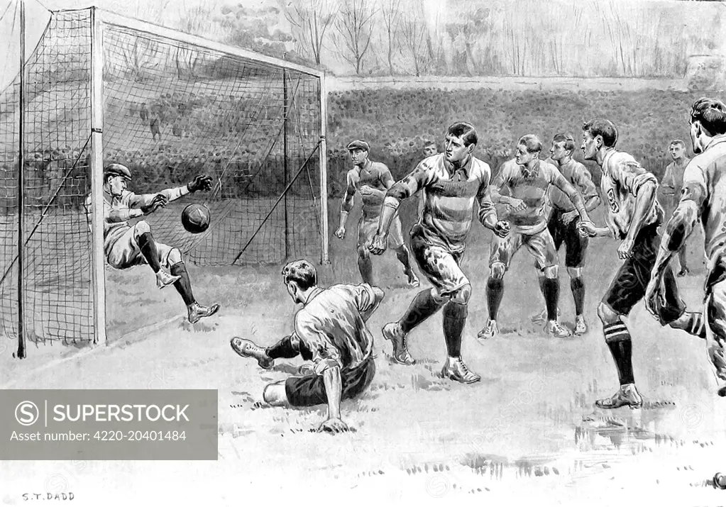 Illustration of the England vs. Scotland Football Match on 30th March 1901, showing Blackburn of England (front left of image, on floor) scoring the first goal of the game.  The Scottish goalkeeper, Rennie, despite his diving effort was unable to save.    This match was played as part of the British International Championship for that year and ended in a 2-2 tie.     Date: 1901