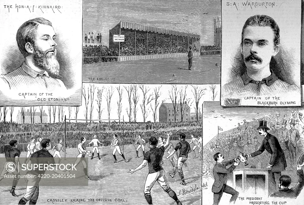 Engraving showing a number of scenes from the F.A. Cup Final of 1883, played between Blackburn Olympic and the Old Etonians at Kennington Oval, London.  The match was won by Blackburn 2-1.    The images show: (top left) A.F. Kinnaird, Captain of the Old Etonians; (top middle) The Main stand; (top right) S.A. Warburton, Captain of Blackburn Olympic; (bottom left) Crossley of Blackburn scoring the decisive goal; (bottom right) the F.A. President presents the Cup to Warburton.  1883