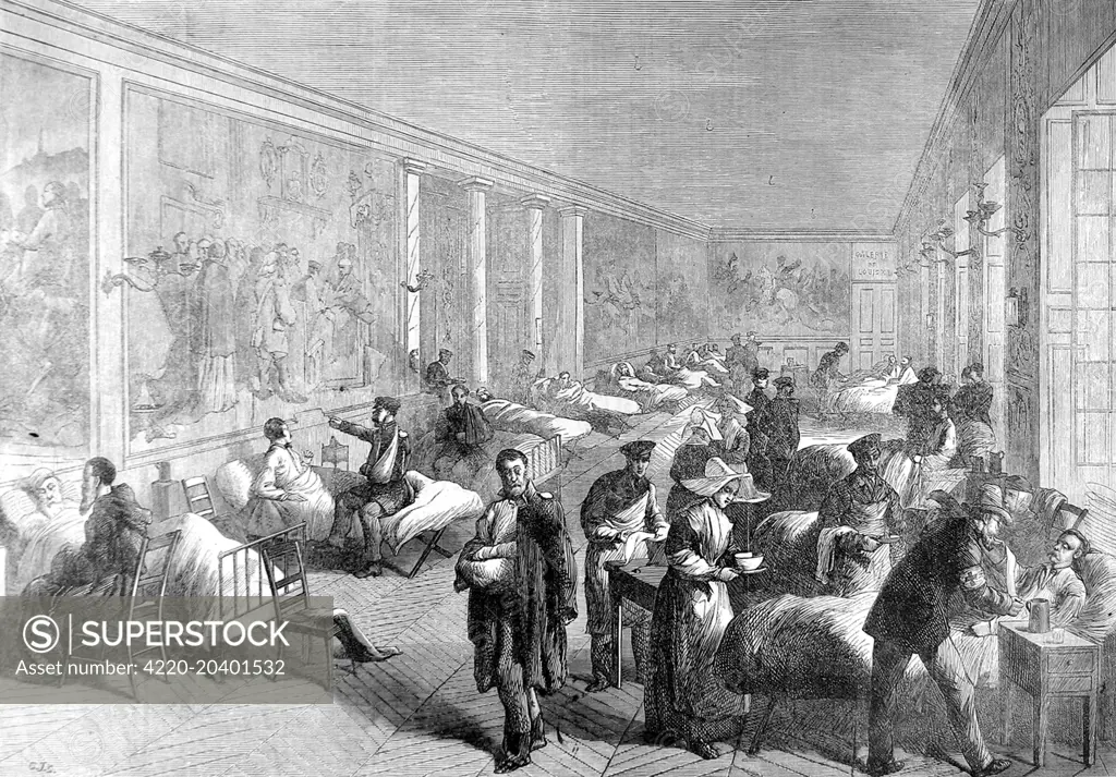 Illustration showing the hospital set up in the Galerie of Louis XIII, in the Palace of Versailles, for the Prussian wounded soldiers during the Franco-Prussian war of 1870-1.  A number of nuns can be seen taking food and bandages to the wounded.     Date: 1870