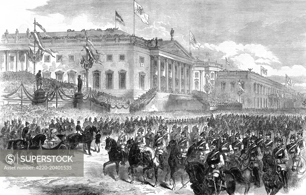 Illustration showing the Prussian victory parade in Berlin at the conclusion of the Franco-Prussian War, with troops passing before the Emperor on the Opera Place.  The Franco-Prussian peace treaty was signed on May 10th 1871 in Frankfurt.     Date: 1871