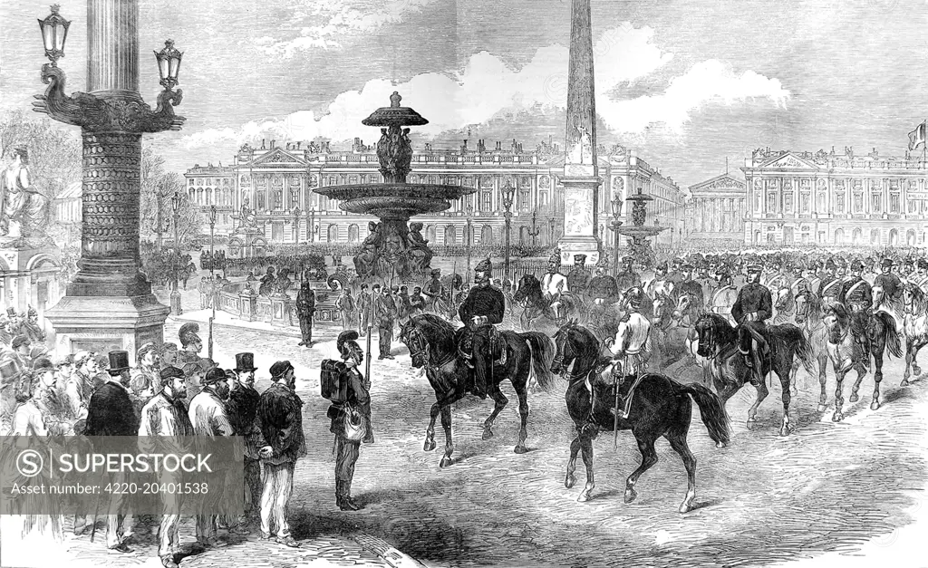 Illustration showing the parade of Prussian troops, led by General Blumenthal, Chief of Staff to the Prussian Crown Prince, through the Place de la Concorde, Paris, 1871.  The French crowd look on grimly as the Prussian troops enjoy their victory parade at the end of the Franco-Prussian War.     Date: 1871