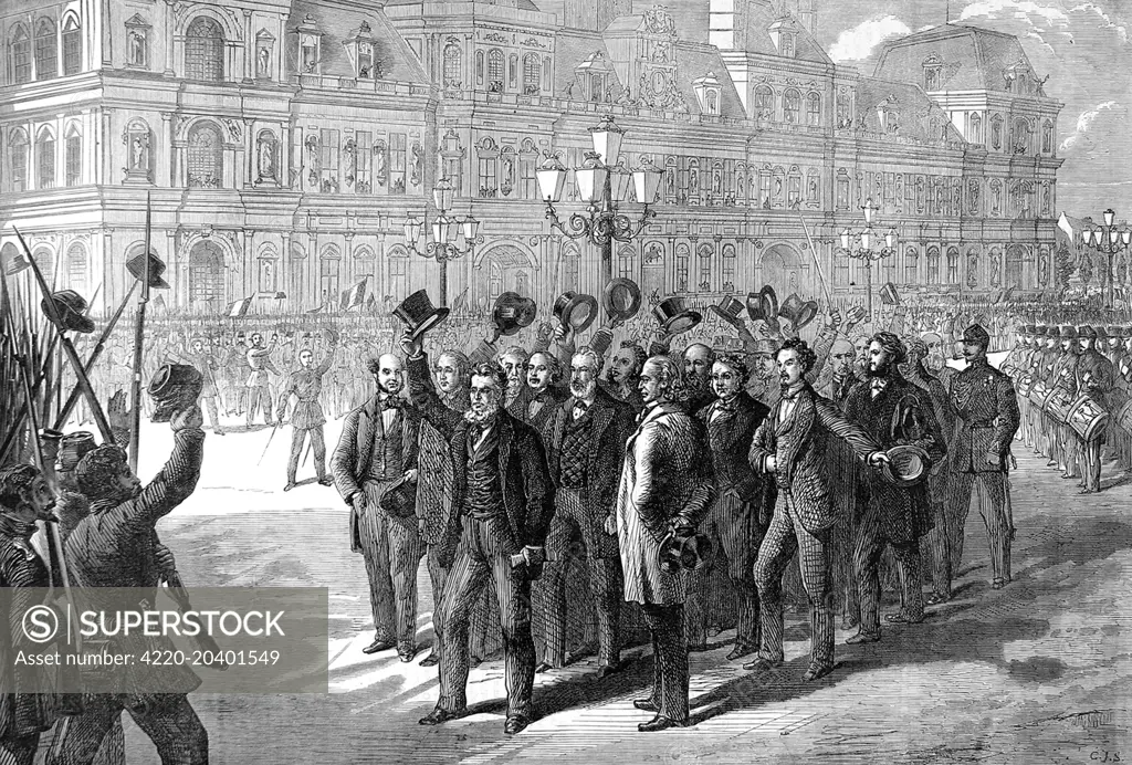 Illustration showing the Provisional Government reviewing the National Guard during the Franco-Prussian War of 1870-1.      The Provisional Government of National Defence was set up after the French defeat at Sedan.  It was headed by General Trochu, Leon Gambetta and Jules Favre.  This image was sent to the Illustrated London News by balloon post from besieged Paris.     Date: 1870