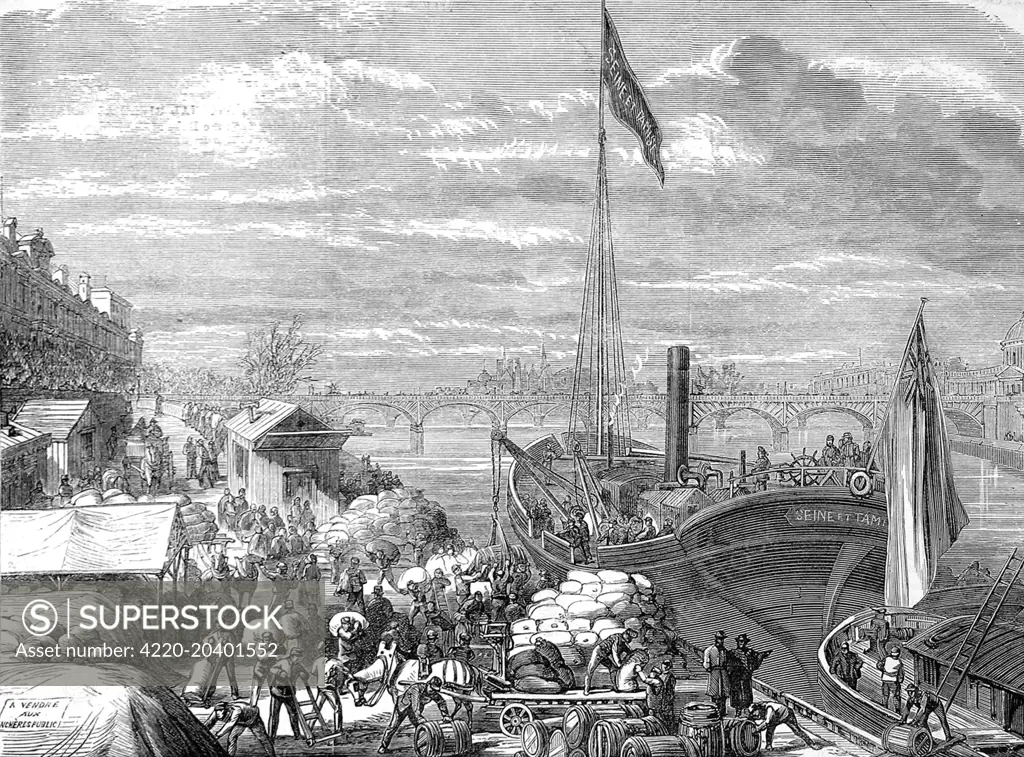 Illustration showing the arrival of a vessel in Paris on the Seine River, carrying provisions from London for the beleagured inhabitants of Paris, 1871.      After the French surrender and the cessation of hostilites in the Franco-Prussian War, aid from London was at last allowed to reach Paris by boat.     Date: 1871