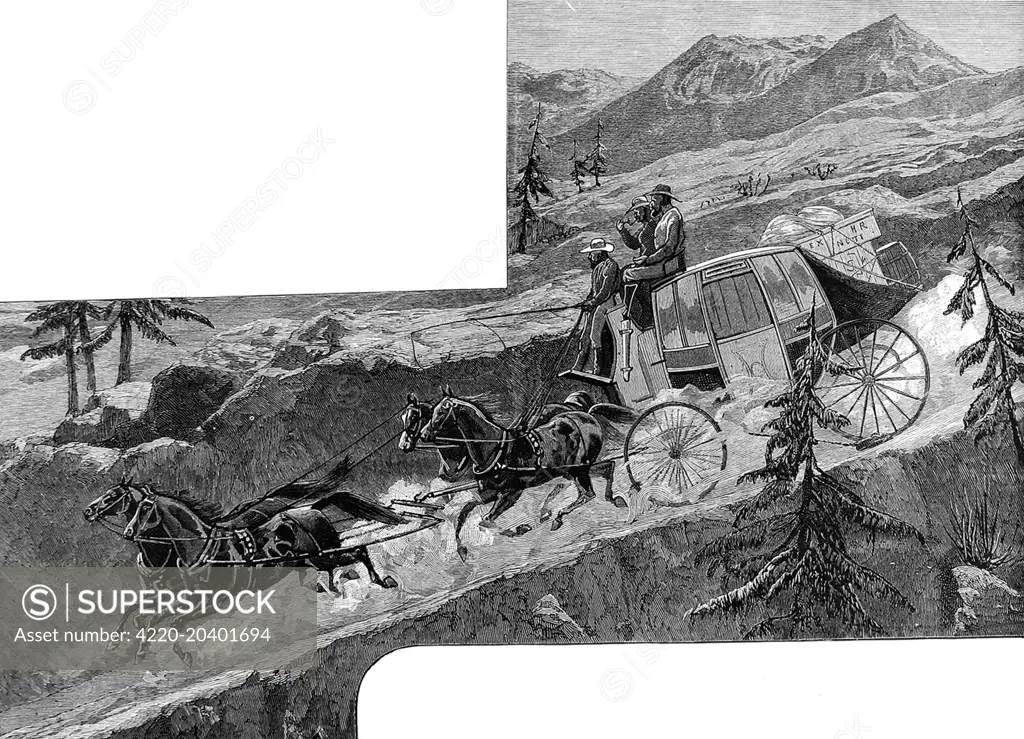 A stagecoach on a perilous mountain journey down hill at great speed.     Date: 1887