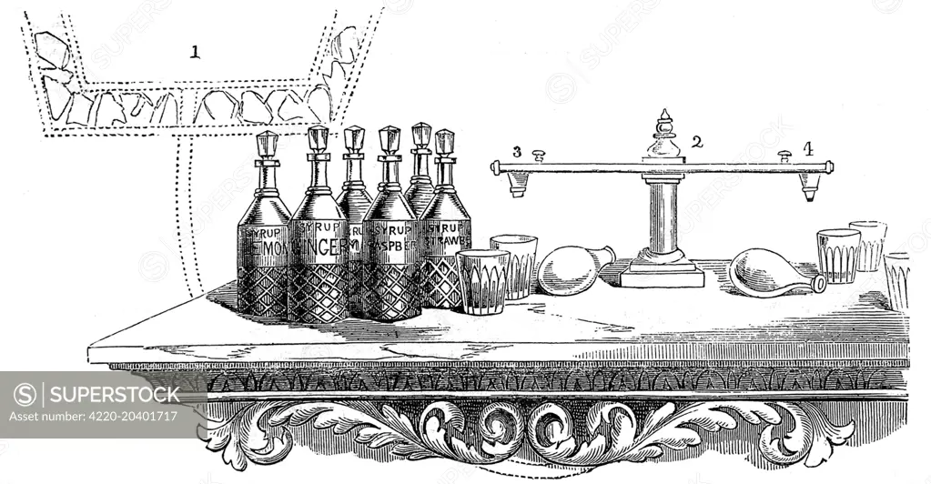 An illustration of a typical American soda fountain with bottles of orange, lemon, raspberry and strawberry syrup to make flavoured soda drinks. The mechanics of the soda fountain is described and a cross section of the cistern is shown, where the soda water is stored and fed to the taps.     Date: 1800