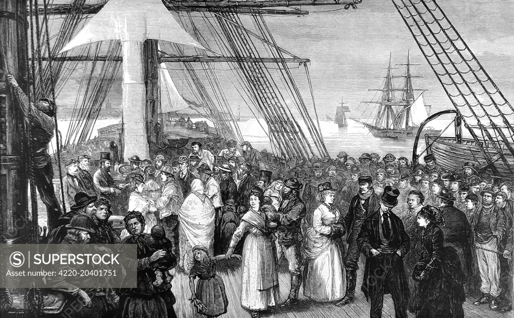 Engraving showing the deck of an emigrant ship, bound for America, off the coast of Kent, 1875.    All classes of passenger are evident here with well dressed middle class ladies and gentlemen, steerage passengers from the working classes and the crew framing the scene.     Date: 1875