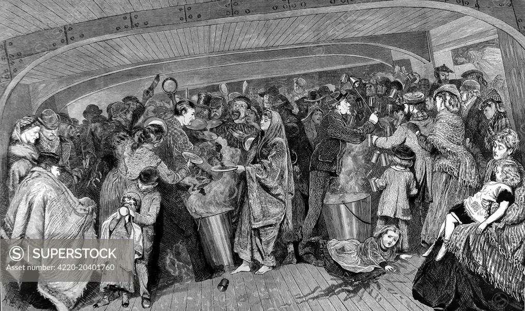 Engraving showing the chaotic and crowded scene below decks, as steerage passengers on an emigrant ship are given soup from steaming cauldrons, Atlantic Ocean, 1872.     Date: 1872