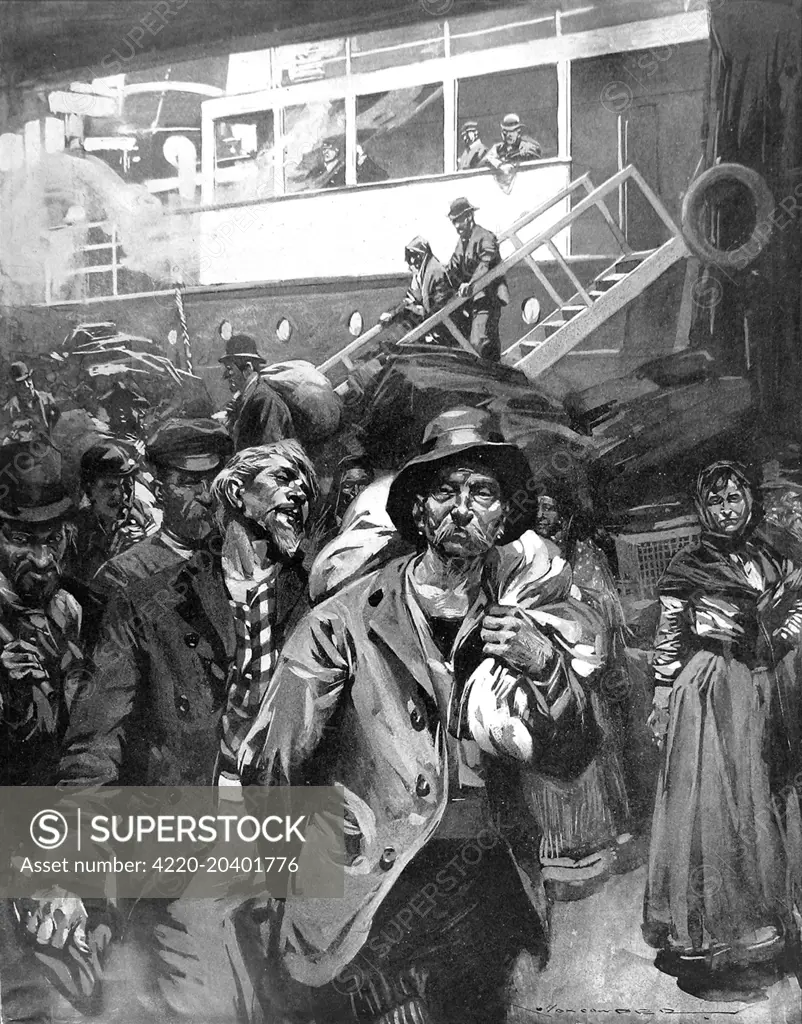 Illustration showing Eastern European immigrants coming down the gangway of the ship to arrive in Britain, 1903.     Date: 1903