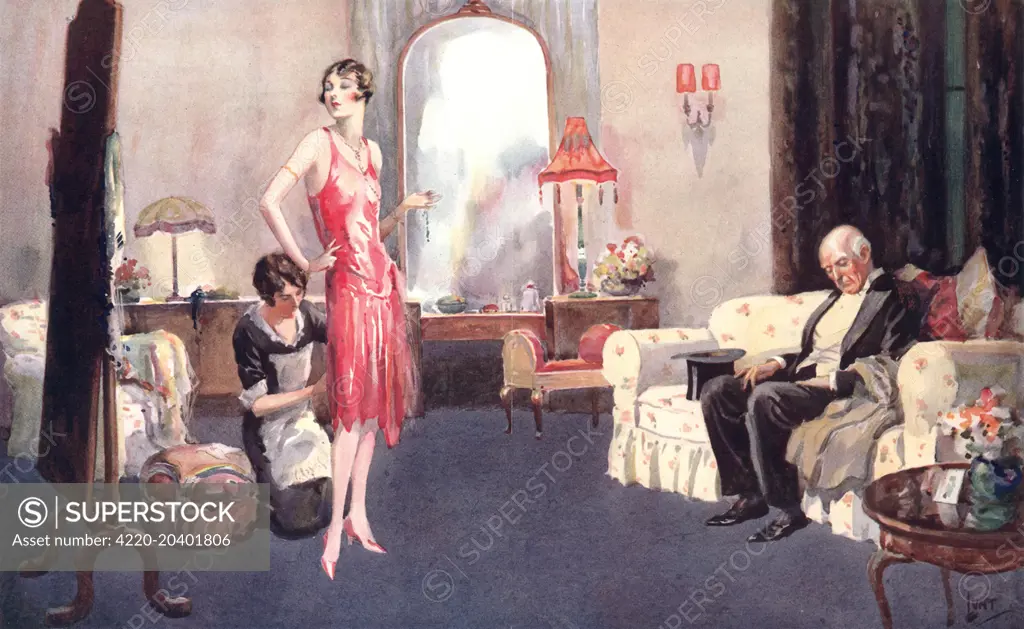 Illustration showing a fashionable young woman getting ready, with the help of her maid, for a formal evening event as her more mature escort waits patiently on a sofa.    This image was originally entitled 'The Silk Worm'.     Date: 1928