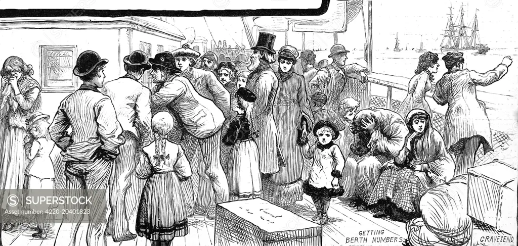 Engraving showing emigrant passengers being allocated berth numbers at the beginning of a voyage to Australia, 1887.    In the background of the image, there are women still weeping at their parting from loved ones.     Date: 1887