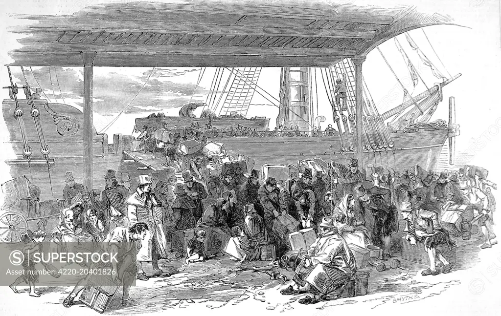 Engraving showing a bustling dock yard scene as emigrants, with trunks ...