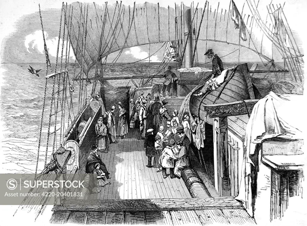 Engraving showing emigrants on the deck of their ship, at sea, 1849.    A group of children are being taught their lessons by a school master whilst a small crowd gathers around the ship's galley.  1849