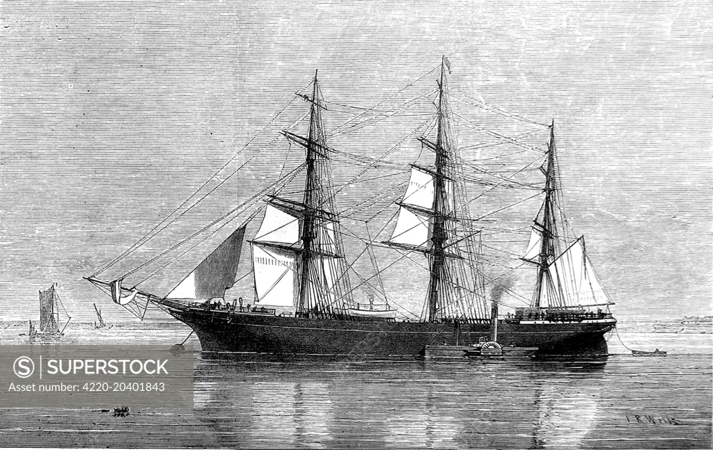 Engraving showing the three-masted sailing ship, 'Eastern Monarch', bound for New Zealand with emigrants aboard, 1874.     Date: 1874