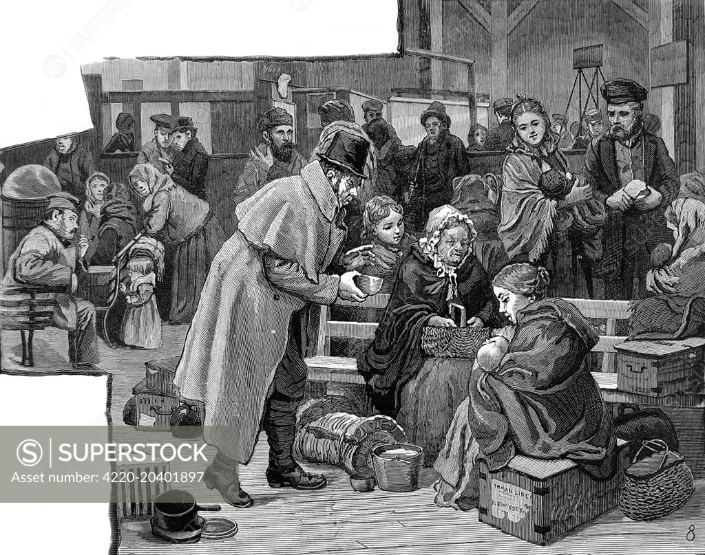 Engraving showing newly arrived immigrants at the Castle Garden immigration depot, New York, 1886.    The image shows a man offering a baby a drink, with everyone else looking on concerned.     Date: 1886