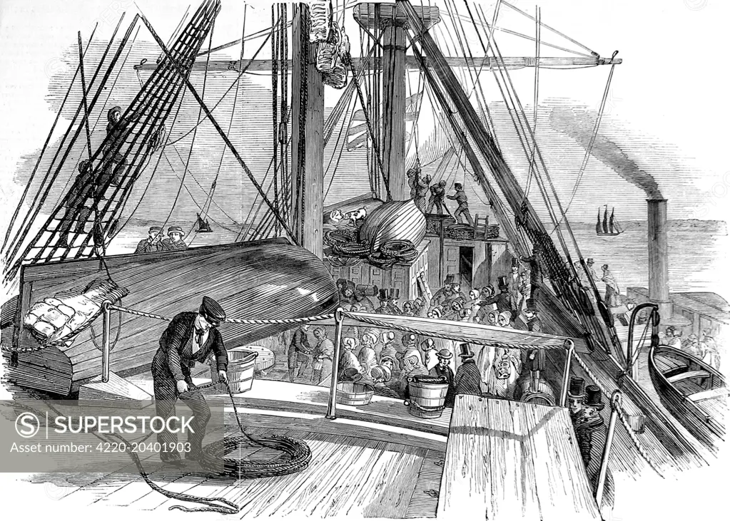 Detailed engraving of an emigrant ship, with a sailor coiling rope in the foreground and two others climbing the rigging, 1850.     On deck a number of emigrant seamstresses, rescued from poverty by a charitable organisation, are gathered talking.     Date: 1850