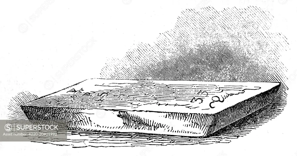 Engraving of a bar of gold, a small slab weighing sixteen pounds, worth about 800 in 1845.     Date: 1845