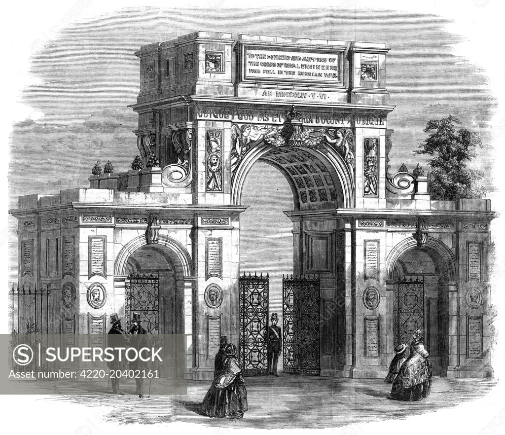 Engraving showing an ornate classical arch erected at Brompton Barracks, Chatham, in memory of the Royal Engineers who lost their lives in the Crimean War, 1854-6.     Date: 1860