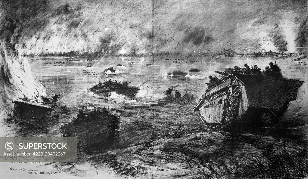 Sketch showing the night crossing of the River Rhine, made by British Royal Marine Commandos of the 21st Army Group, near Wesel in Germany, 23rd March 1945.      This illustration shows the Commandos in their 'Buffalo' amphibious transports leaving the West bank of the Rhine and heading towards the opposite shore.  In the right background of the picture, can be seen the fires then burning in Wesel.      This drawing was made by Captain Bryan de Grineau, 'Illustrated London News' Special Artist, 