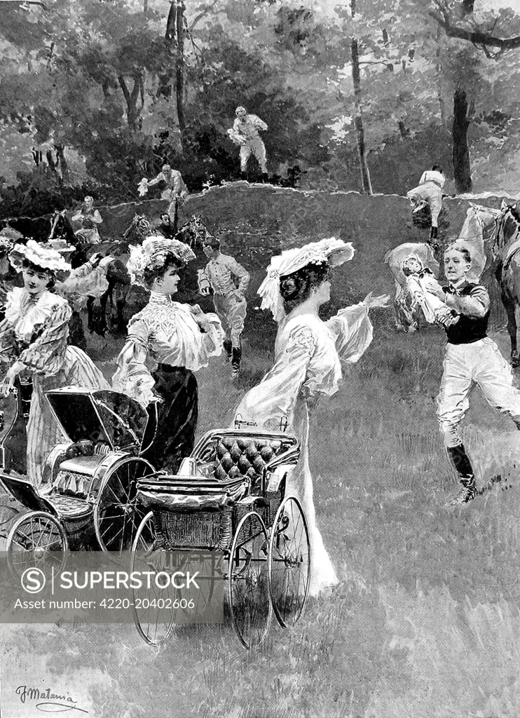 Illustration showing the 'Babes in the Wood' race at a gymkana held in Bermuda, 1904.      The race was as follows: 'The men had to gallop up to a wall, dismount and climb over.  Then they had to find dolls hidden in the woods beyond and return each to his lady, who had to put the 'babe' in a perambulator and wheel it over a short course.'     Date: 1904