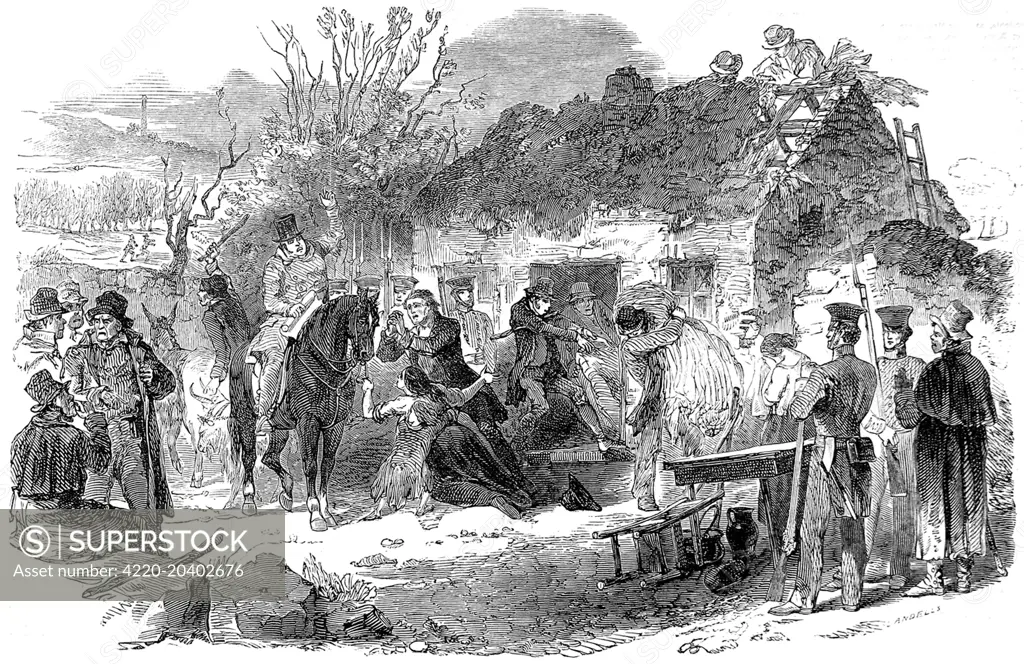 Scene showing the eviction of an Irish peasant farmer and his family during the Irish Potato Famine of the 1840's. As landlords sought to rid their estates of pauperized farmers and labourers, as many as 500,000 people were evicted in the years from 1846 to 1854.     Date: 1848