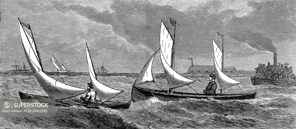 Engraving showing a race held between sailing canoes (or 'miniature yachts') in the Solent, off Hampshire, 1871.  In the background a steamer, full of spectators, is visible.     Date: 21 October 1871