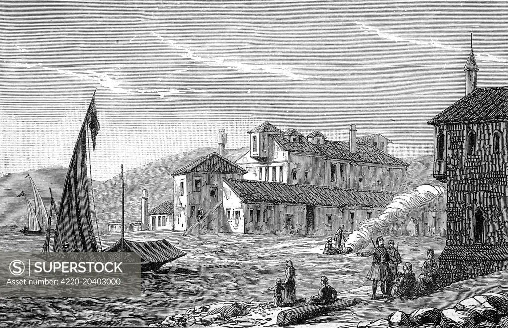 Engraving showing Missolonghi, Western Greece, 1888.  It was here that George Gordon, Lord Byron, died from marsh fever whilst fighting the Turks in 1824.     Date: 28 January 1888