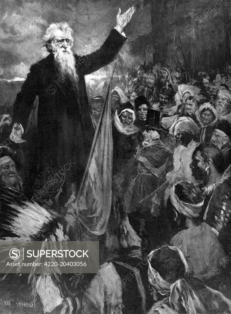 Illustration showing the Reverend William Booth (1829-1912), founder of the Salvation Army, pictured at an imaginary gathering of a huge multi-national crowd.     Date: 14/03/1908