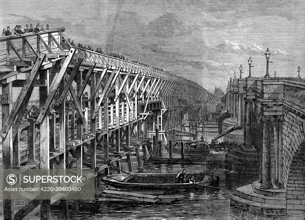 Engraving showing a temporary wooden bridge over the River Thames at Blackfriars, London, 1864.      This bridge was used during the rebuilding and repair of Old Blackfriars Bridge.     Date: 27 February 1864