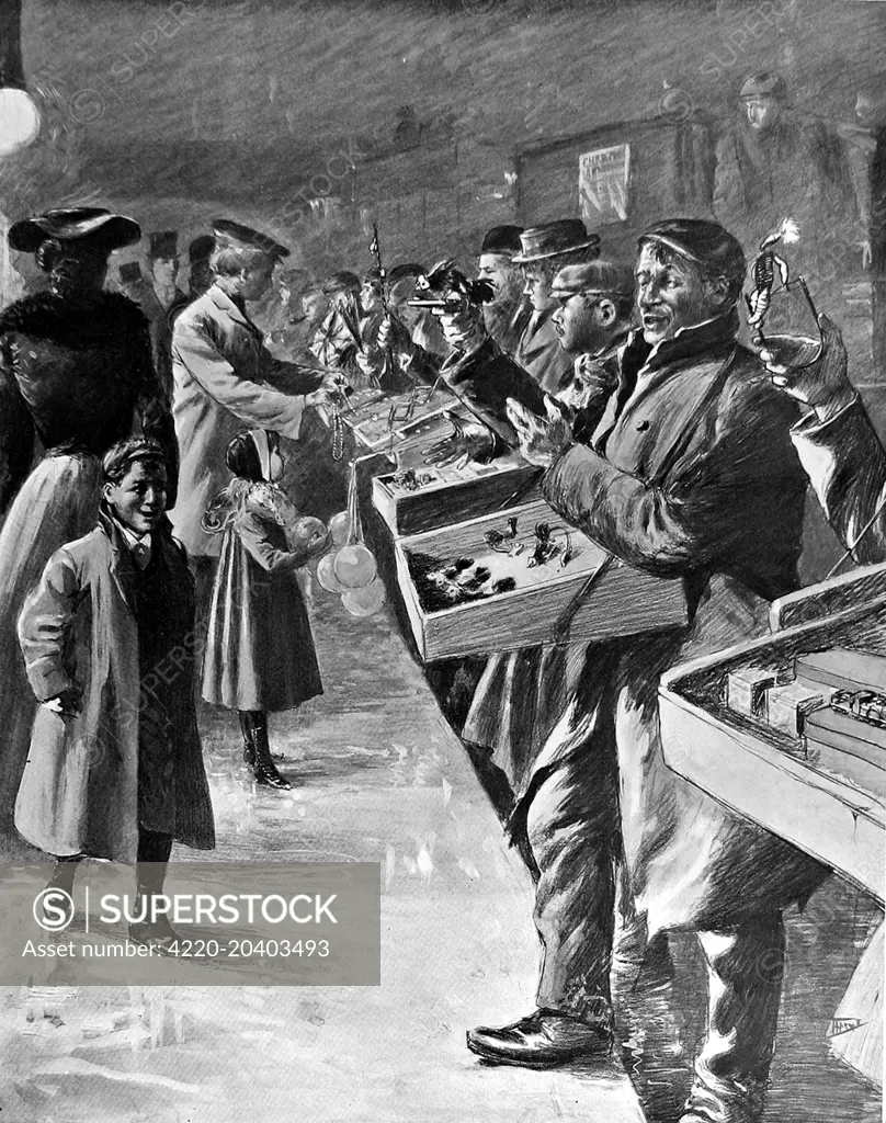 Illustration showing street salesmen offering penny toys to passers-by, Ludgate Hill, London, December 1904.     Date: 31/12/1904