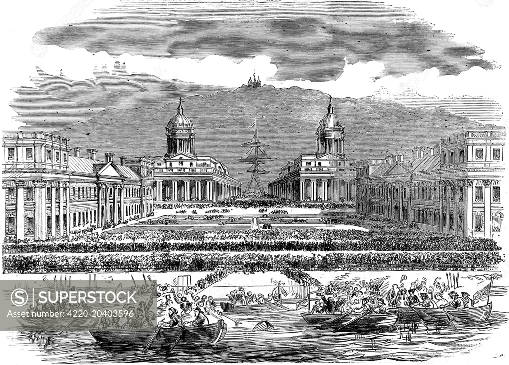 Engraving showing the scene at the Royal Naval Hospital, Greenwich, as huge crowds assembled to watch I.K. Brunel's steamship 'Great Eastern' steam down the River Thames, 1859.    This image shows the large numbers of spectators, both on shore and in little boats, with the Greenwich Observatory visible on top of the hill behind the Royal Naval College.     Date: 17 September 1859