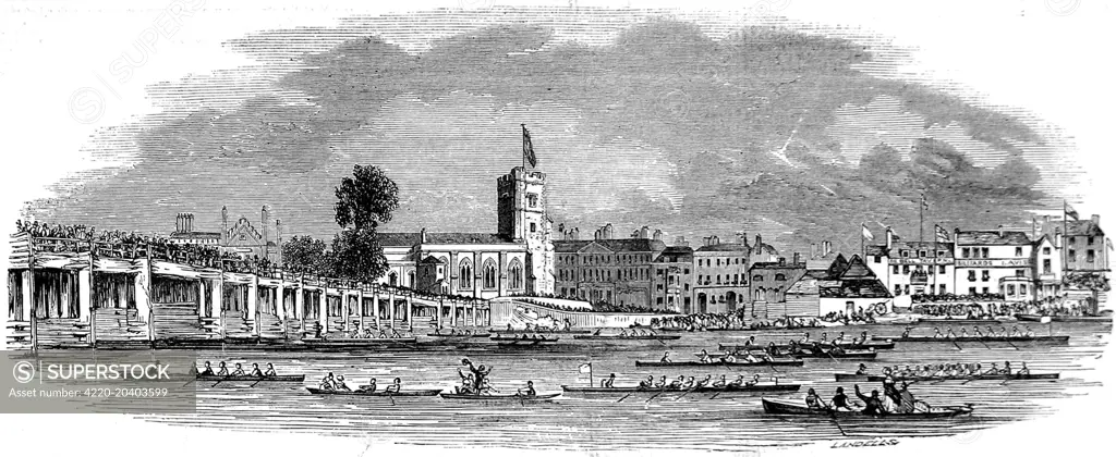 Engraving showing rowing boats, participating in the Thames Regatta of 1843, heading away from Fulham Bridge (on left).     Date: 8 July 1843