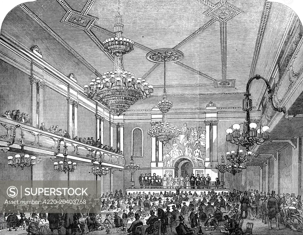 Engraving showing the interior of Canterbury Hall, Lambeth Upper Marsh, London, 1856.  Samuel Field was the architect of this entertainment establishment.     Date: 6 December 1856