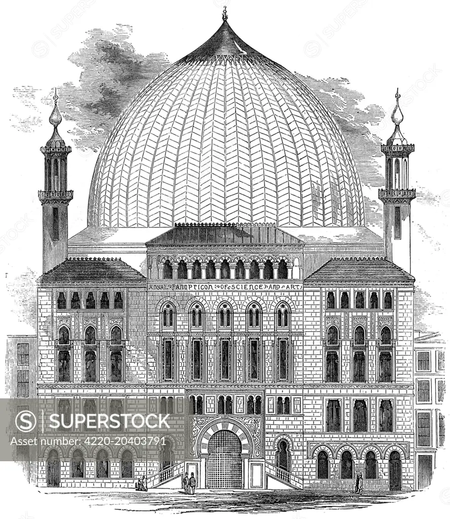 Engraving showing the Royal Panopticon of Science and Art, which was being built in Leicester Square during 1852.  When constructed the Panopticon's dome was somewhat smaller in size than this image suggests.    This building later became the Alhambra Theatre and then the Odeon.     Date: 31 January 1852