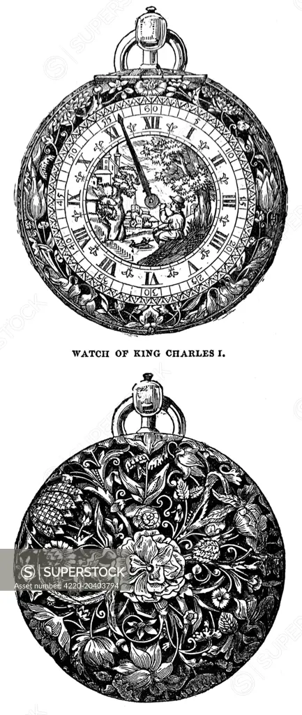 Engraving showing the two sides of the silver pocket watch given to King Charles I, on the morning of his execution, by Sir Thomas Herbert.     Date: 31 January 1852