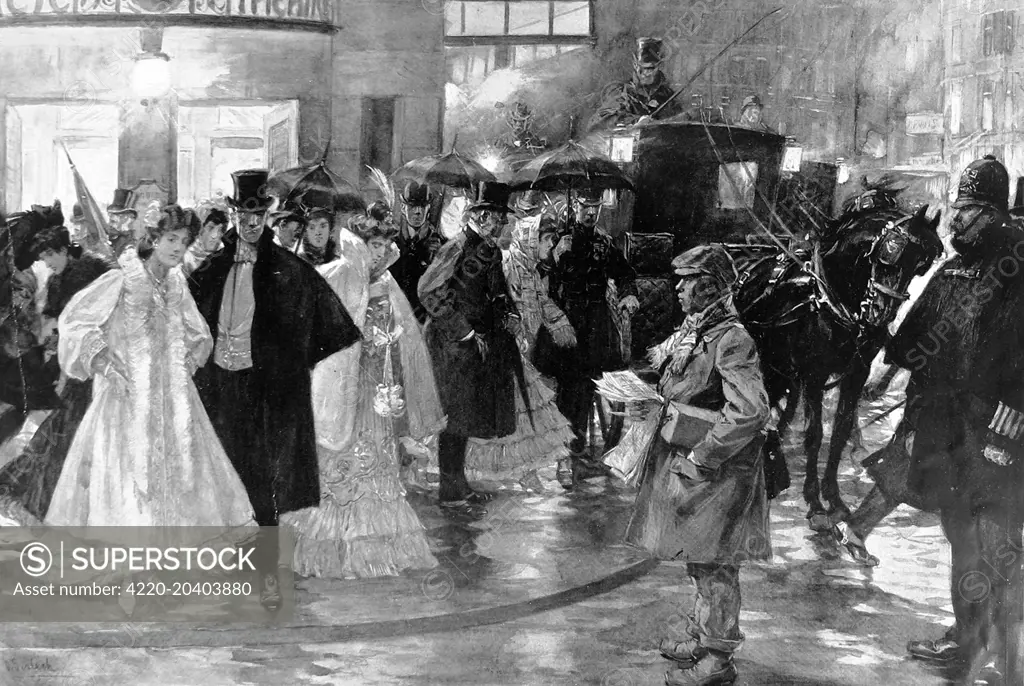 Illustration showing British theatre-goers rushing to their carriages after the end of their play, Strand, London, 1907.     Date: 07/12/1907