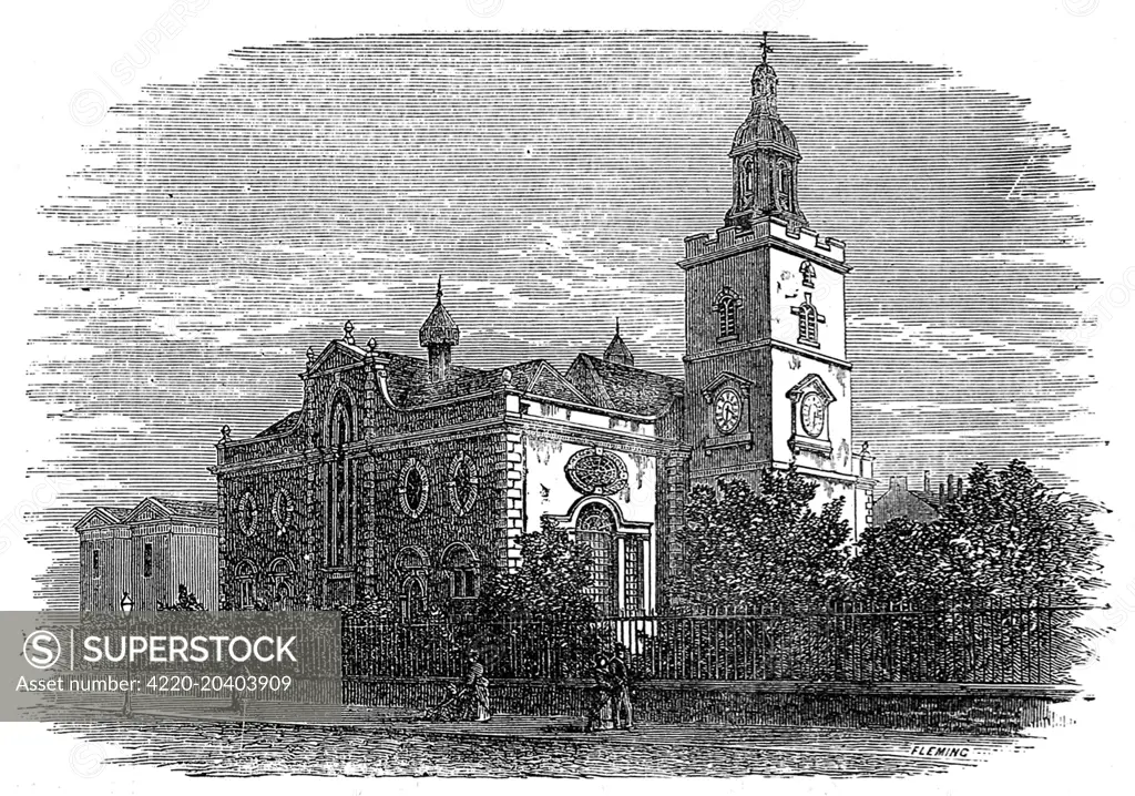 Engraving showing the church of St. Mary Matfelon in the High Street of Whitechapel, London, c.1875.     Date: 24 July 1875