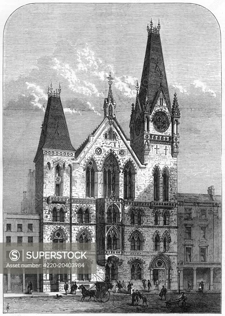 Engraving showing the exterior of the Congregational Memorial Hall, Farringdon Street, London, 1875.     Date: 30 January 1875