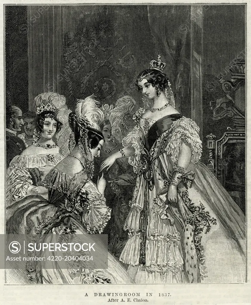 A newly-crowned Queen Victoria shown receiving her subjects in a drawing room scene of 1837.     Date: 1837