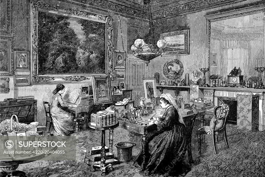 Engraving showing Queen Victoria at her writing desk in a room at Osborne House on the Isle of Wight.  Her youngest daughter Princess Beatrice is playing the piano nearby.  Victoria was deeply attached to Beatrice and was determined to keep her unmarried and at home.  Beatrice married Henry of Battenberg in 1885 (this picture being part of a special supplement to celebrate the event) but the Battenberg family remained living with Victoria for much of the remainder of her life.     Date: 27th Jul