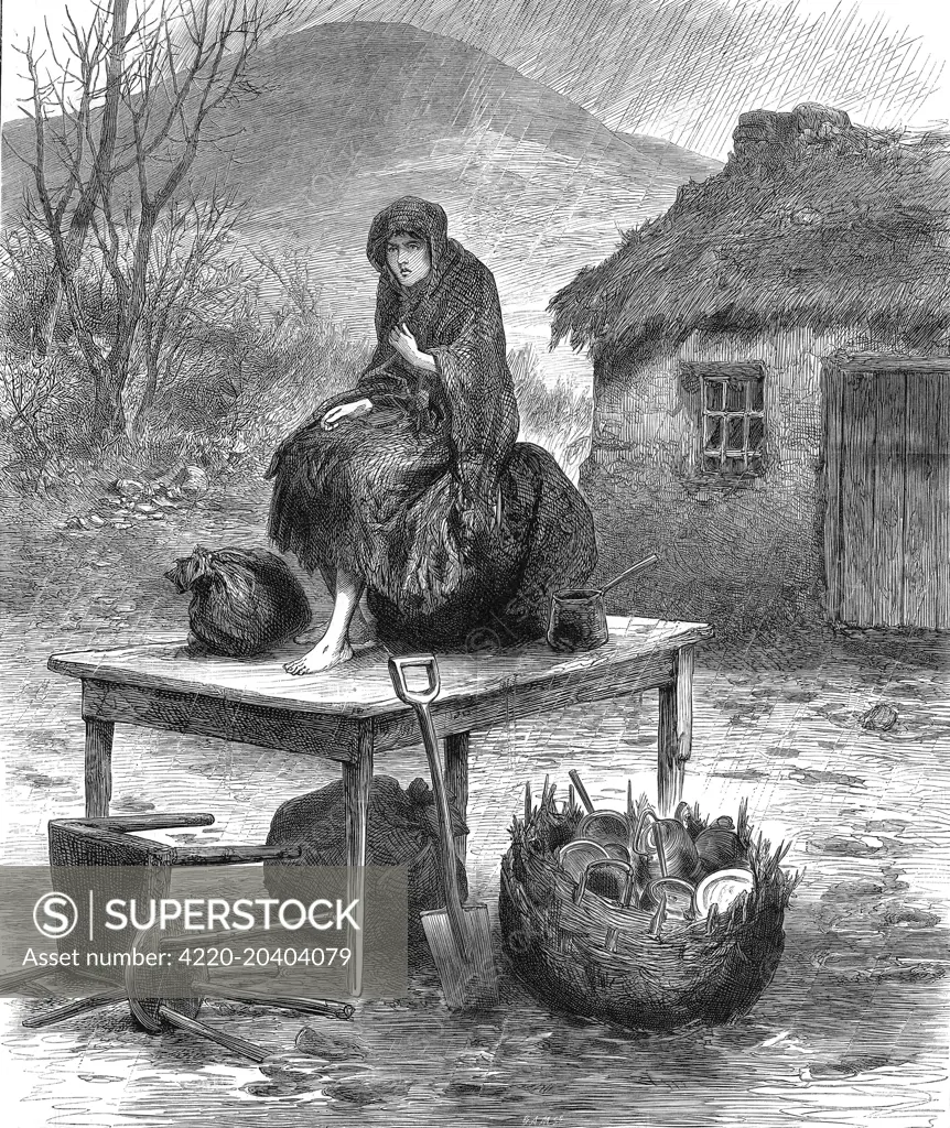 This is a scene of an eviction at Mayo, Ireland.  Widespread evictions of peasants from their homes were common in the mid-nineteenth century in the aftermath of the potatoe famine and lack of other means of earning a living.  Here the woman is sitting in the rain with the remains of her possessions tied in bundles.  She is homeless and barefoot  wearing ragged clothing outside the dwelling she once lived in.     Date: 17 April 1886