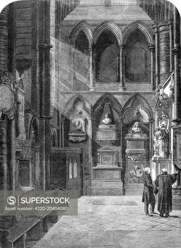 Engraving showing the 'Poets Corner' of Westminster Abbey, where many of the greatest poets of England are buried or commemorated, 1860.     Date: 25 February 1860.