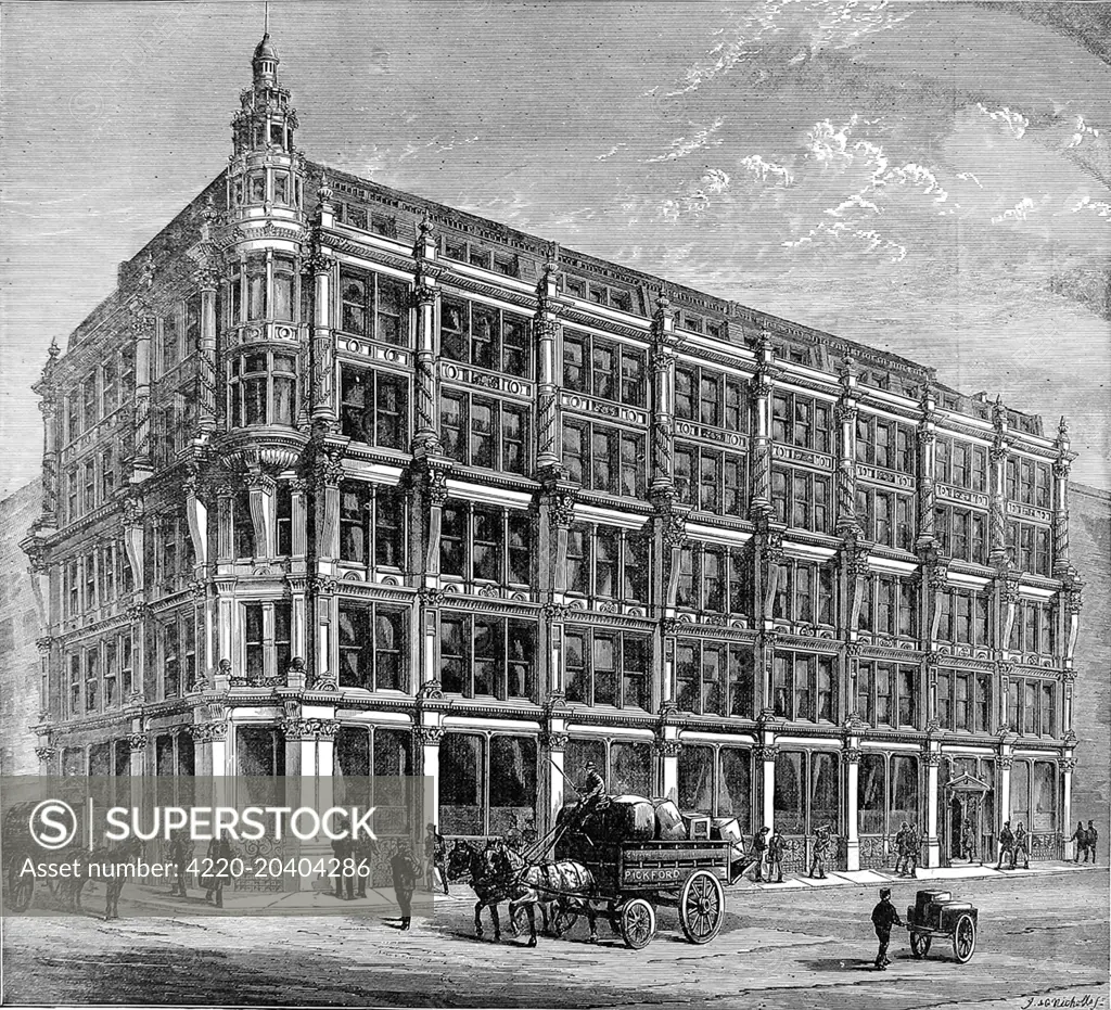 Engraving showing the exterior of Silber and Fleming's Wholesale Warehouses, Wood Street, London, 1884.     Date: 11 October 1884