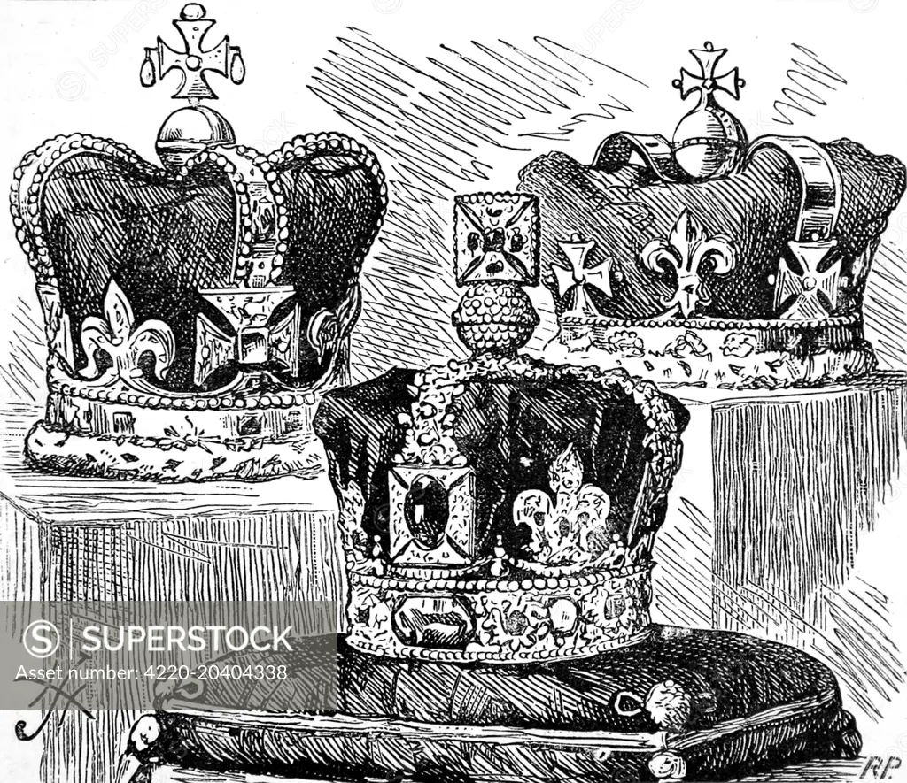 Engraving showing three of the Crowns kept at the Tower of London, 1885.  Shown, left to right, are St. Edward's Crown, The Queen's Crown and the Prince of Wales's Crown.     Date: 15 August 1885