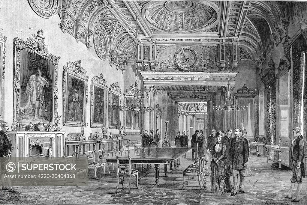 Engraving showing the State Dining Room at Buckingham Palace, London, 1887.     Date: 25 June 1887