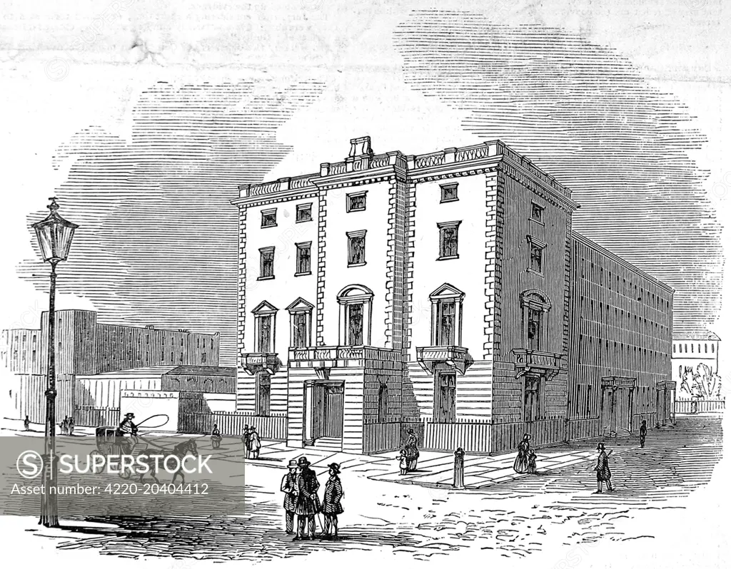 Engraving showing the exterior of Lord John Russell's House, Chesham Place, London, 1845.     Date: 20 December 1845