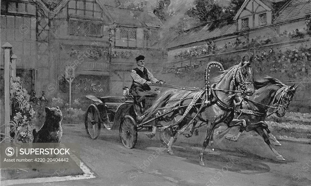 Illustration showing a demonstration of Russian carriage driving at the Olympia Horse Show, London, 1911.      This image shows the horse between the shafts (on left) trotting, while it's partner gallops.     Date: 17/06/1911