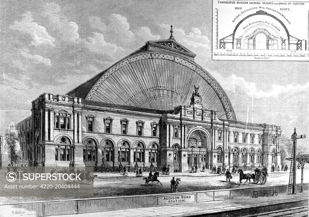 Engraving showing the exterior of the Olympia Exhibition Hall, London, 1886.  At that time the official name of this building was the National Agricultural Hall, Addison Road, Kensington.    The inset, at top right, shows a comparison in size of Olympia with the Royal Agricultural Hall, Islington, and the Albert Palace, Battersea.  9 October 1886